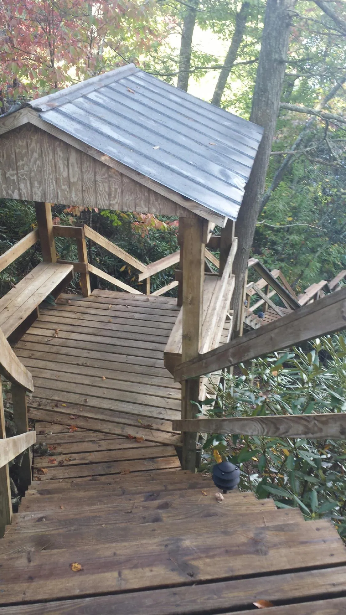 Metal roofed shelter over wooden steps on a wooded walkway — Skylight Repair & Installation work by our crew in Laveen